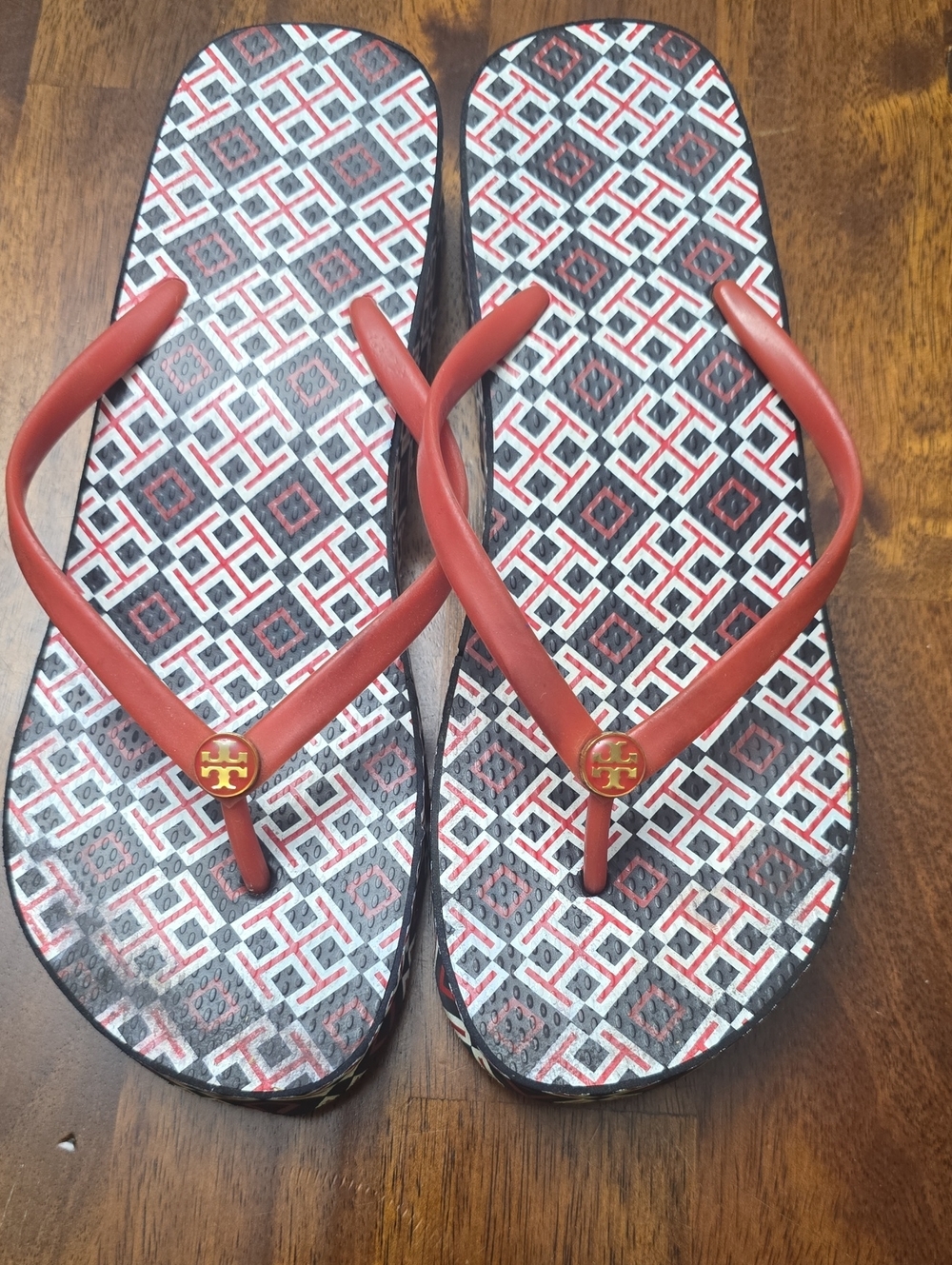 Tory Burch Red Logo Flip Sandals with Patterned Footbed